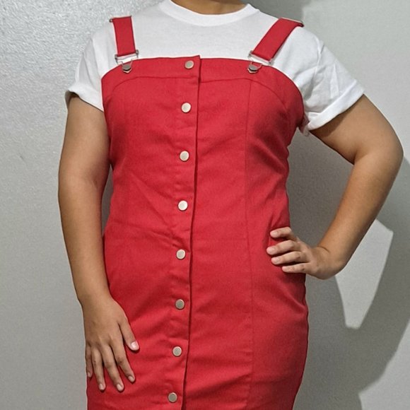 Red Denim Front Snap Button-Down Mini Dress – Plus (1X & 2X) - Picture 2 of 8